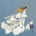 An angel in flight, adorned in a flowing gown with gold wings, holding a child with a bow against a blue background.