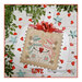 Finished This is Love! cross stitch pattern of two snowmen embracing their love on a linen fabric laid on a white board littered with hearts and stars.