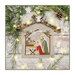 Finished Nativity Collection - 4 cross stitch pattern hung on a white wooden wall topped with twigs and surrounded by stars, lights, and pine needles.
