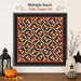 Patchwork quilt with repeating autumn-colored triangular motifs and a dark border on a cream background with the title at the top