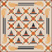 Halloween Quilt with repeated stars, witches hats,  and brooms, in orange, black, and beige.