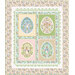 Four pastel quilt blocks with bunny and floral designs on a patterned background.