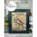 A finished and framed sparrow pattern with coordinating décor and a stitch count in the bottom right corner. 