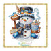 Mock-up of the finished Christmas Cheer cross stitch pattern of a cheerful snowman with a mug of cocoa wearing winter attire surrounded by birds.