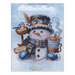 Christmas Cheer cross stitch pattern of a cheerful snowman with a mug of cocoa wearing winter attire surrounded by birds.