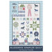 Front cover of the Bluegrass Sampler Quilt pattern featuring blue, green, and pink, equestrian themed motifs on a white background. 