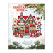 Front of the Christmas House cross stitch pattern booklet of a red and tan house covered in snow and ornaments surrounded by presents.