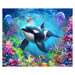a digitally printed panel of an orca swimming among jellyfish, brightly colored coral, and a variety of fish.
