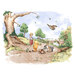 Christopher Robin and Hundred Acre Wood friends gathered around spilled honey pots in a watercolor storybook scene.