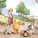 A zoomed in depiction of Christopher Robin and Hundred Acre Wood friends gathered around spilled honey pots in a watercolor storybook scene.