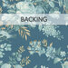 Dark teal blue swatch of fabric with tossed vintage florals in tonal blue and cream, a transparent banner at the top reads "Backing." 