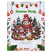 Front cover of the Snowmen Family cross stitch pattern featuring a snowman and snowchild in hats & scarves, surrounded by trees, presents, and ornaments
