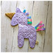 minky unicorn crinkle toy with colorful ribbon hair and a golden horn.