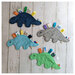 Navy, light blue, green, and grey minky dino crinkle toys with colorful ribbon spikes.
