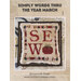 Pattern cover for “Simply Words Thru the Year March” featuring a stitched sampler with letters S, E, and W.