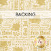 Cream swatch of fabric with structured rows of text and florals in gold metallic; a transparent banner at the top reads "Backing." 
