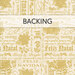 Cream swatch of fabric with structured rows of text and florals in gold metallic; a transparent banner at the top reads "Backing." 