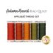 Five spools of orange, sienna, gold, sage, and forest green thread, isolated on a white background below a text graphic.