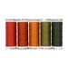 Five spools of orange, sienna, gold, sage, and forest green thread, isolated on a white background.