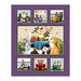 Block panel with a purple swirl background topped with seven blocks of different animals reading books.