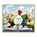 Playmat panel of rabbits, a mouse, mole, cat, turtle, and a duck reading a book in a grassy, floral landscape.