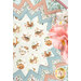 A stylized top down shot of the center of the topper, showing details on the center hexagonal print, featuring adorable woodland creatures; decorative flowers peek into frame from the right side.