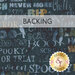 A dark blue fabric with fun typography of Halloween words and motifs; a transparent banner at the top reads "Backing." 