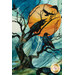 A head on shot of the panel, showing print and fabric details on the moody scene of a bare tree with crows perched on the branches.