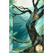 A close up on the tree of the panel, showing details on the watercolor style used on the tree, sky, and hillside.