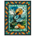 The completed Ribbon Border Panel Quilt, colored in moody teal, green, navy, and orange fabrics from the Raven's Call collection by Northcott Fabrics, isolated on a white background. 