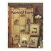 Front cover of the Patriotic Farmland cross stitch pattern of an afghan finished design and three pillow designs in front of an egg basket and a wooden dresser.
