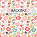 White swatch of fabric featuring tossed multicolor stylized florals; a transparent banner at the top reads "Backing." 