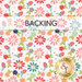 White swatch of fabric featuring tossed multicolor stylized florals; a transparent banner at the top reads "Backing." 