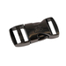 A latched black metal side release buckle on a white background.