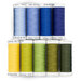 Nine spools of blue, yellow, and green thread, isolated on a white background. 