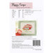 Back cover of the happy camper cross stitch pattern with a legend of the needed DMC floss, the stitch count, size, and recommended fabric above a picture of the finished pattern.