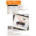 Back cover of the Happy Halloween cross stitch pattern with a legend of the needed DMC floss, the stitch count, size, and recommended fabric above a picture of the finished pattern.