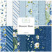 Square collage of fabrics from the blossom blue collection featuring floral, polka dot, striped, and worded prints in hues of blue and white.