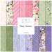 Square collage of cream, pink, green, and purple fabrics featuring florals, butterflies, bees, plaids, polka dots, and foliage prints.