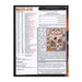 Back of the Halloween Village Afghan cross stitch pattern showing the required DMC, floss alternatives, the stitch count, recommended fabric, and a chart of the afghan fabric blocks.