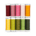 Ten spools of red, pink, yellow, and green thread, isolated on a white background. 