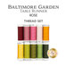 Ten spools of red, pink, yellow, and green thread, isolated on a white background. 