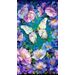 Fabric panel with an array of intricate florals surrounding a striking large butterfly against a mottled background.