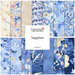 Collage of blue floral and patterned papers labeled “Timeless Treasures Sapphire”