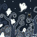A close up of an indigo blue fabric featuring white ghosts floating among curling woodland plants, bats, mushrooms, and scattered stars.