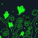 A closeup of a glow in the dark representation of the indigo blue fabric featuring white ghosts floating among curling woodland plants, bats, mushrooms, and scattered stars.