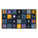 An indigo blue fabric panel featuring assorted Halloween blocks with ghosts, pumpkins, bats, owls, mushrooms, spiderwebs, stars, stripes, and spooky trees.