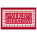 red "Merry Christmas" panel featuring candy stripe letters, reindeer, poinsettias, geometric stars, and gold metallic accents.