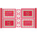 Panel fabric featuring a set of 4, red and white Christmas-themed placemats and coasters featuring geometric stars, candy cane stripes, reindeer, poinsettias, and gold metallic accents.