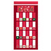 red advent calendar panel featuring a reindeer surrounded by florals, metallic stars, and stylized Christmas trees and 24 pocket patches that count down from 1-24 with a holiday-themed motif on each.
